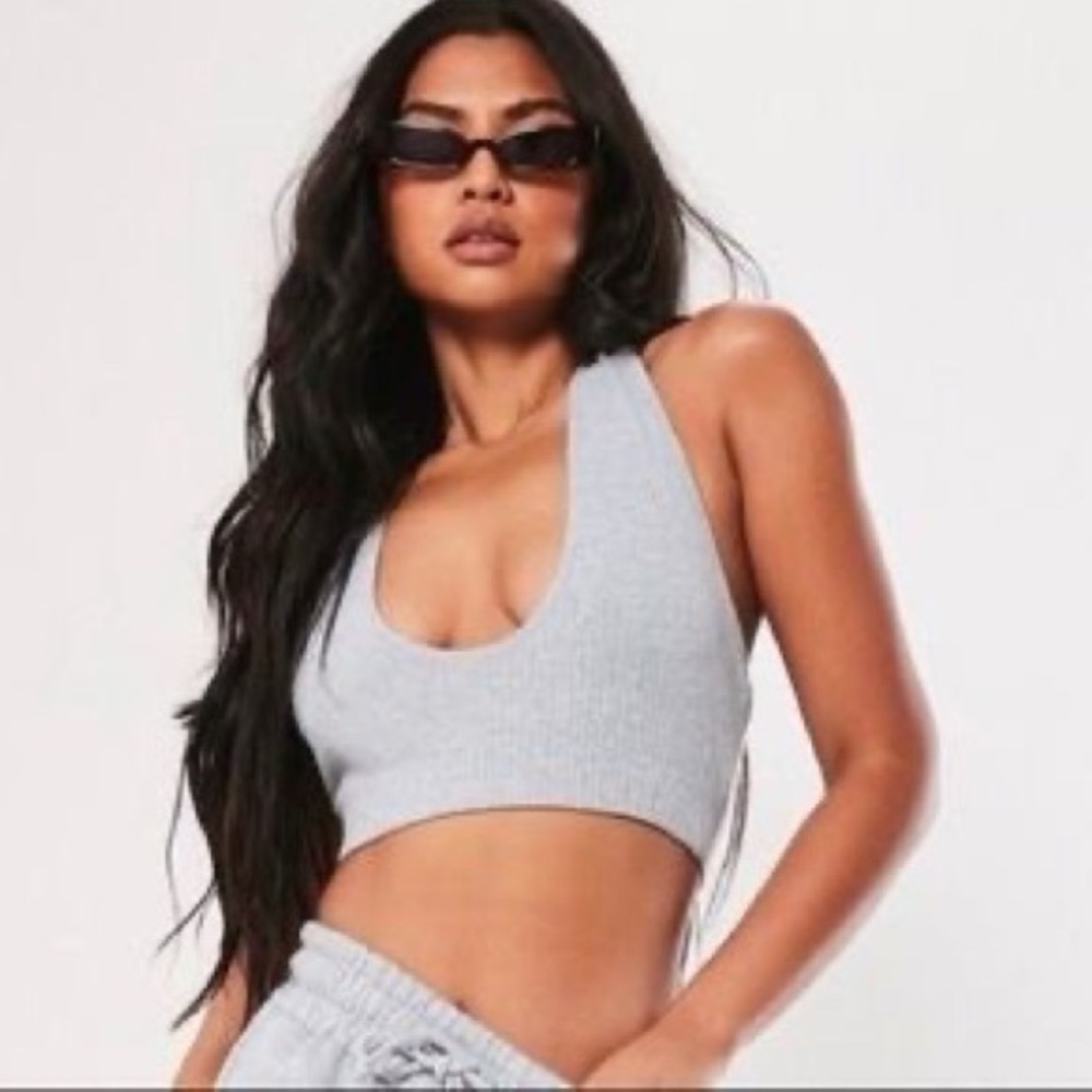 Missguided Gray Ribbed Halter Crop Top